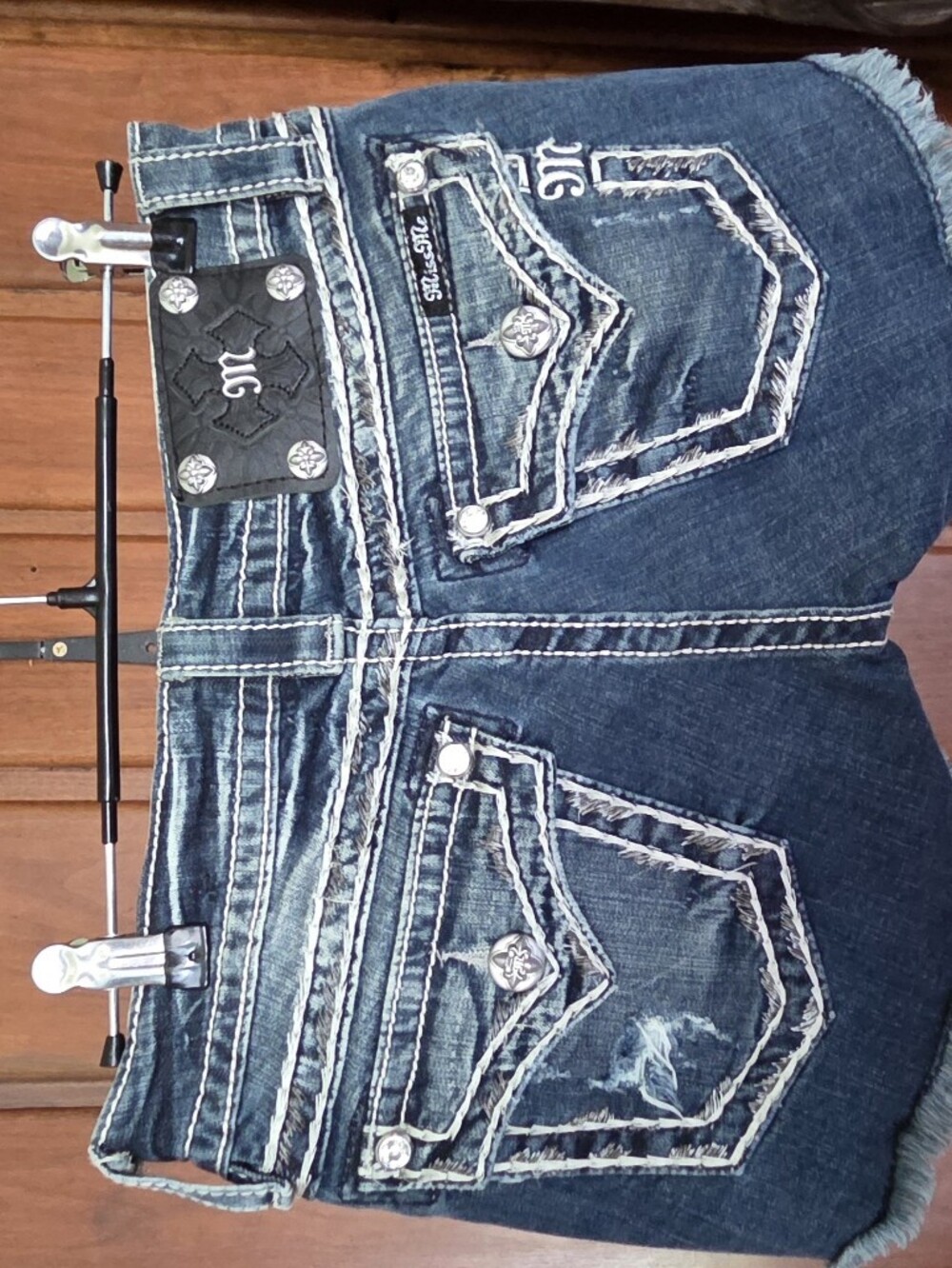 Miss Me Size 26 Dark Blue Denim Shorts with Embroidered Contrast Stitching